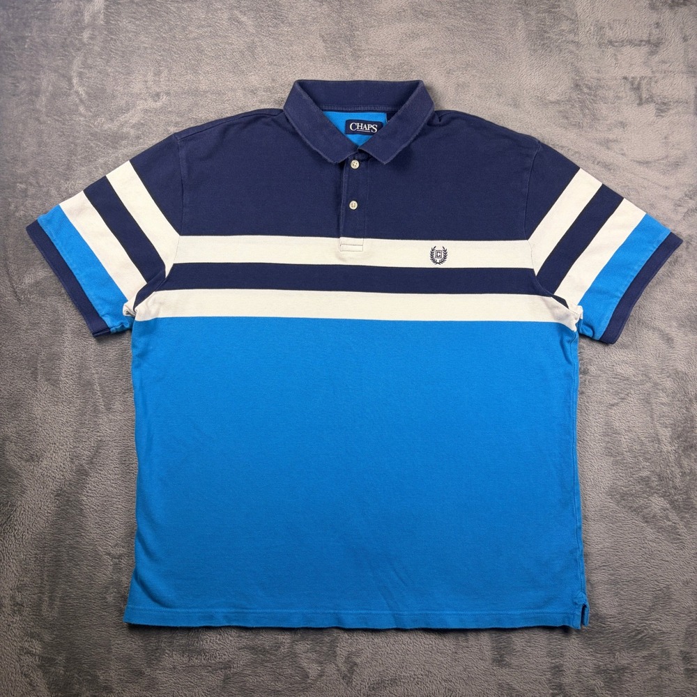 Chaps Polo Shirt Men's XXL Blue Navy Striped Colorblock Cotton Pique Logo Preppy